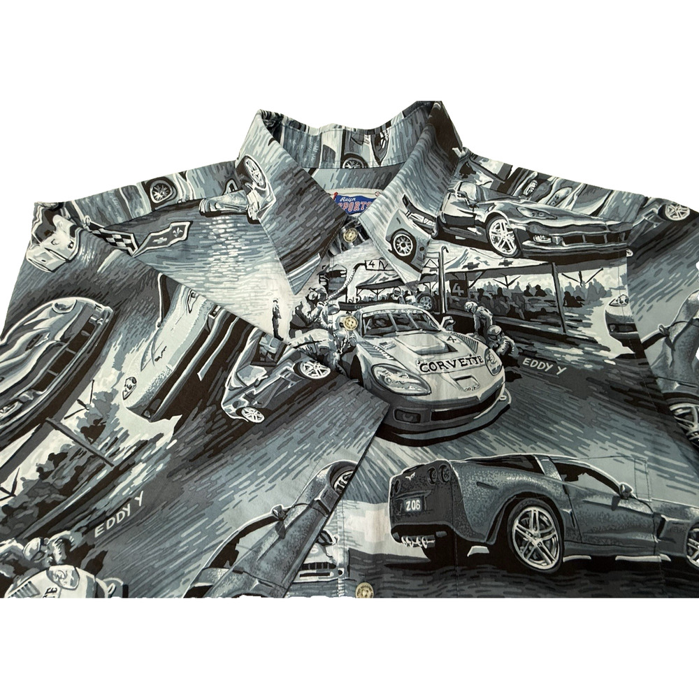 Reyn Spooner Sports Corvette Racing Graphic Shirt Grey Cotton Mens Medium